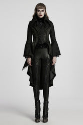 Black Lapel Collar Long Trumpet Sleeves Jacquard Women's Gothic Jacket